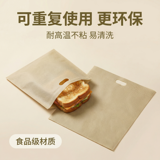 [主图 5] 特氟龙吐司袋环保优势展示
[氛围风格] 简洁自然风，突出可重复使用环保属性
[画面元素] 商业摄影质感，光线柔和通透，产品清晰真实，画面干净高级。两个不同使用状态的吐司袋平铺展示在浅米色预览效果