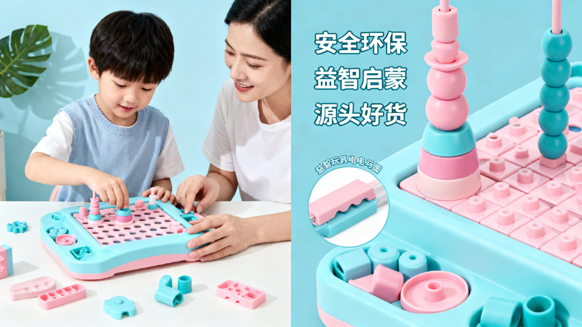 益智玩具电商主图，左侧展示孩子和家长亲子互动玩益智玩具的真实玩耍场景，右侧是玩具材质细节和配件特写，特写旁标注文字“安全环保”“益智启蒙”“源头好货”，主色调为明亮童趣蓝粉色系马卡龙配色，整体画面干净预览效果
