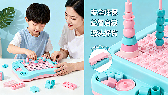益智玩具电商主图，左侧展示孩子和家长亲子互动玩益智玩具的真实玩耍场景，右侧是玩具材质细节和配件特写，特写旁标注文字“安全环保”“益智启蒙”“源头好货”，主色调为明亮童趣蓝粉色系马卡龙配色，整体画面干净温馨充满童趣，视觉聚焦突出玩具的趣味性、益智体验以及安全环保特性