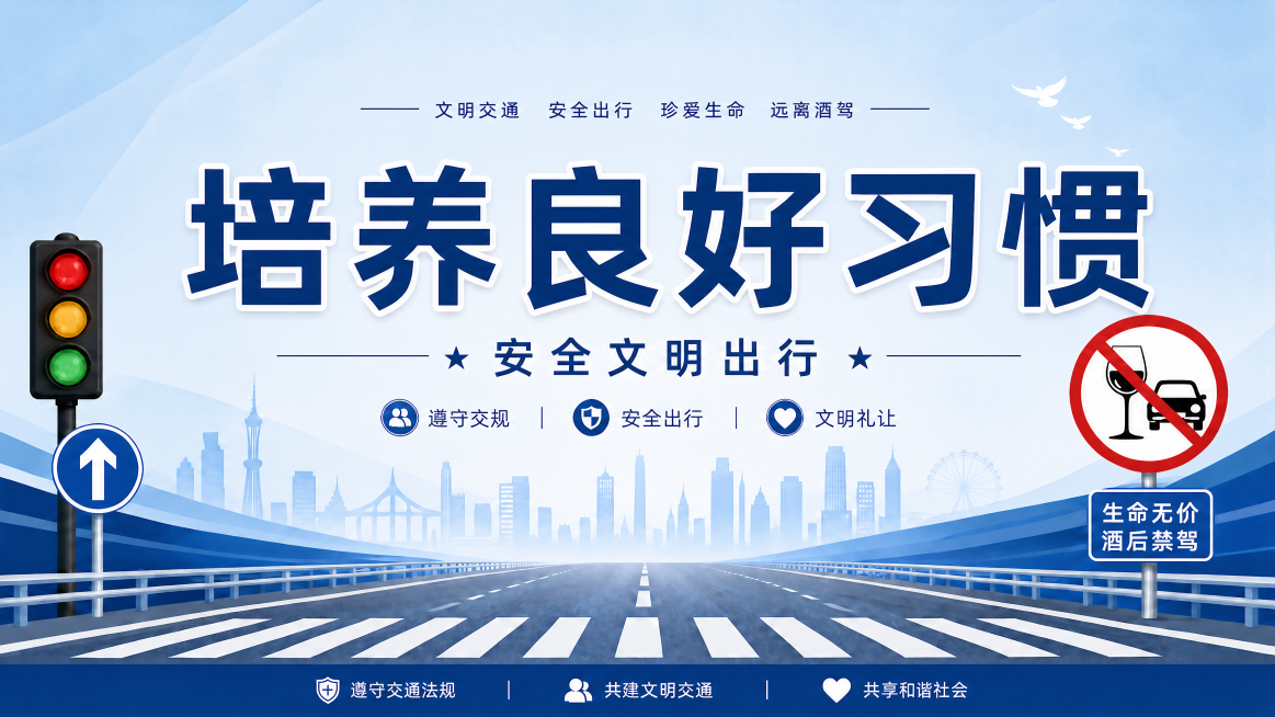 保持原图浅蓝色背景、道路元素、交通标识风格，替换主标题为"培养良好习惯"，副标题为"安全文明出行"，保持整体排版和风格一致，庄重正式的交通安全宣讲内页，16:9横版，文字清晰可读预览效果