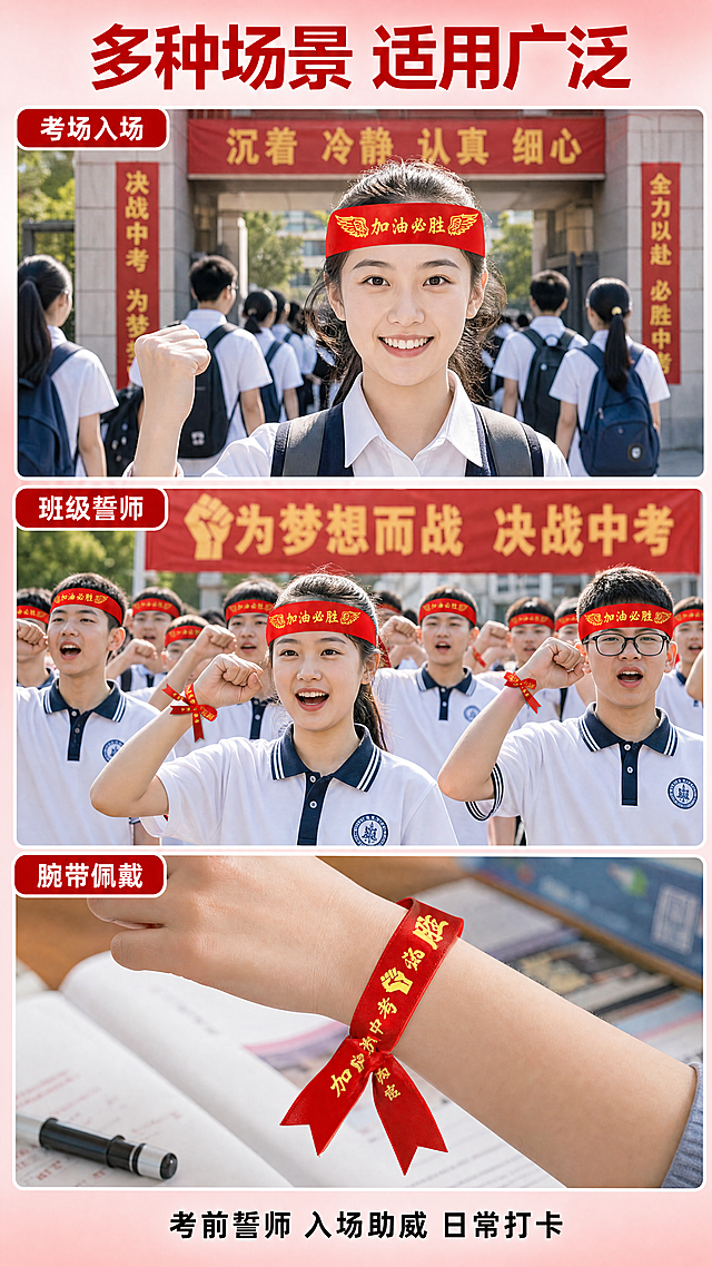 「图片1」，「图片1」生成一套详情页，商品名称为中考高考加油头巾，腕带，适配淘宝/天猫平台，单图比例为9:16，需求屏数为8张。