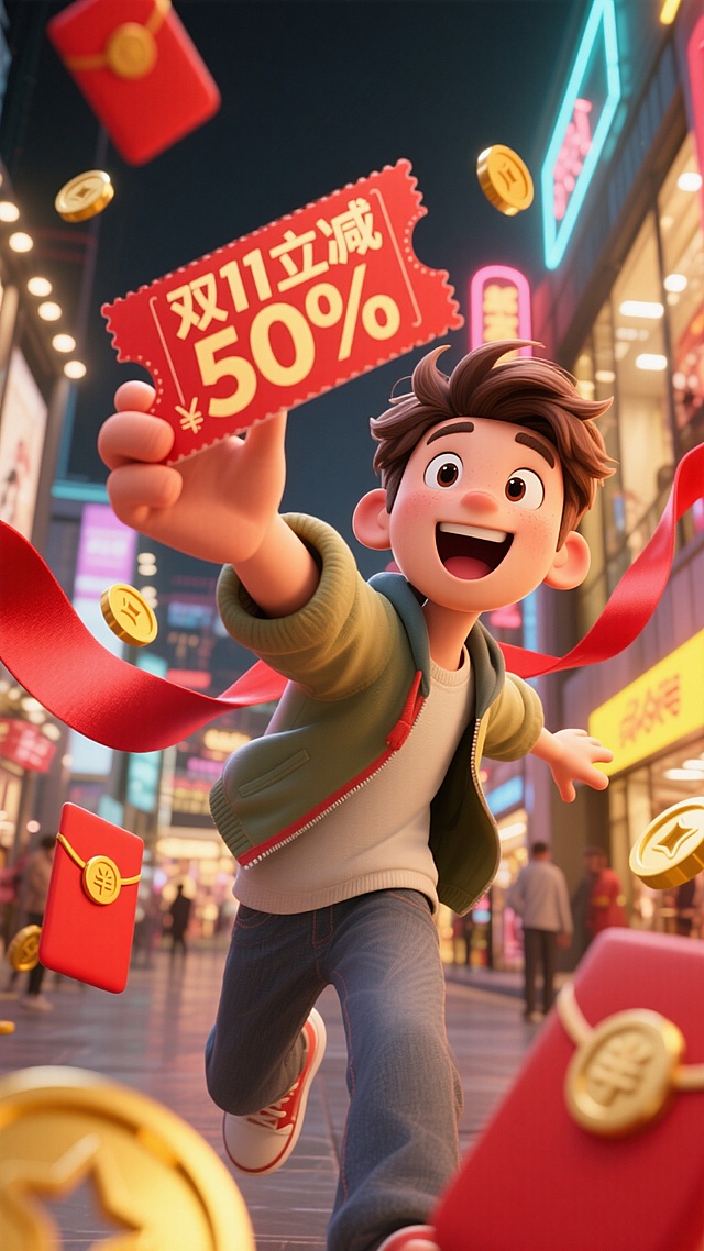 软3D风格卡通人物跃动街头，手持“双11立减50%”优惠券，霓虹灯与红包金币环绕，喜庆促销氛围爆棚，粒子特效点缀节日狂欢。