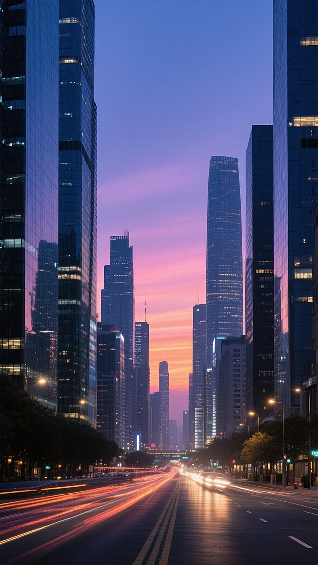 城市夜景，蓝紫色渐变天空，橙粉色晚霞，高楼大厦林立，玻璃幕墙反射光线，街道车流光轨，干净简洁的城市背景素材，现代都市氛围，清晰的建筑轮廓，柔和的灯光效果，开阔的城市天际线，适合作为背景使用的简洁风格，无文字信息，无多余装饰元素，纯粹的城市景观，宁静而繁华的都市夜景，大气的构图，平衡的视觉效果，高清晰度，细腻的光影过渡。