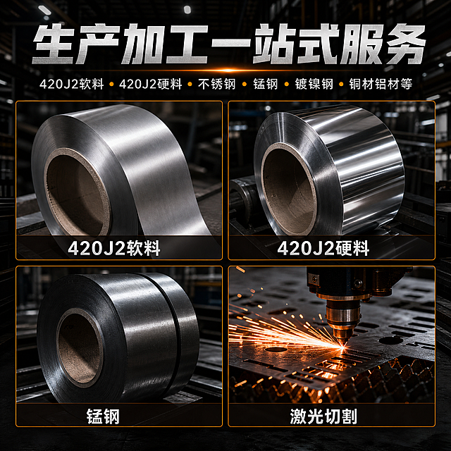 [主图-3] 420J2不锈钢带 生产加工一站式服务展示图，展示多种材料品类。
[统一基调] 工业风高级质感，深色工业背景，深灰黑色调为主，橙金色强调色，硬朗金属反光光影，粗厚无衬线工业字体，标题银白渐变字，辅助文字白色，强调色橙金，卡片深色半透明底加细橙金边框。
[画面] 画面上方是大标题和副标题区域，下方是4张产品材料图2x2宫格排列。4张图分别展示不同材料形态：左上角是420J2软料不锈钢带（表面偏哑光柔性），右上角是420J2硬料不锈钢带（表面高亮刚硬），左下角是锰钢材料卷（深色金属质感），右下角是激光切割加工场景（有激光头切割金属的火花效果）。每张图都是工业摄影质感，金属表面反光清晰。背景为深色工厂车间虚化背景，有钢架和工业灯光。
[光影质感] 商业工业摄影质感，主光硬朗，金属表面高光明显，阴影清晰，激光切割图有橙红色火花光效，整体暗调高级，产品突出。
[配色] 主背景深灰黑色，金属产品银白/深灰色，标题银白渐变，强调元素橙金色(#FF8C00)，辅助文字白色，图框细橙金边线，整体色调与整套统一。
[文字版式] 画面最上方是大标题"生产加工一站式服务"银白渐变超大粗体字；标题下方是副标题小字"420J2软料 420J2硬料 不锈钢 锰钢 镀镍钢 铜材铝材等"白色小号字，用橙金色小圆点分隔；下方4宫格图片，每张图底部有深色半透明底条，内写白色材料名称：左上"420J2软料"、右上"420J2硬料"、左下"锰钢"、右下"激光切割"。整体版式上下结构，信息层级清晰。
[输出要求] 比例1:1，1000x1000像素，文字清晰无错字，产品图清晰不变形，工业风高级质感，无水印无平台logo，画面专业饱满。