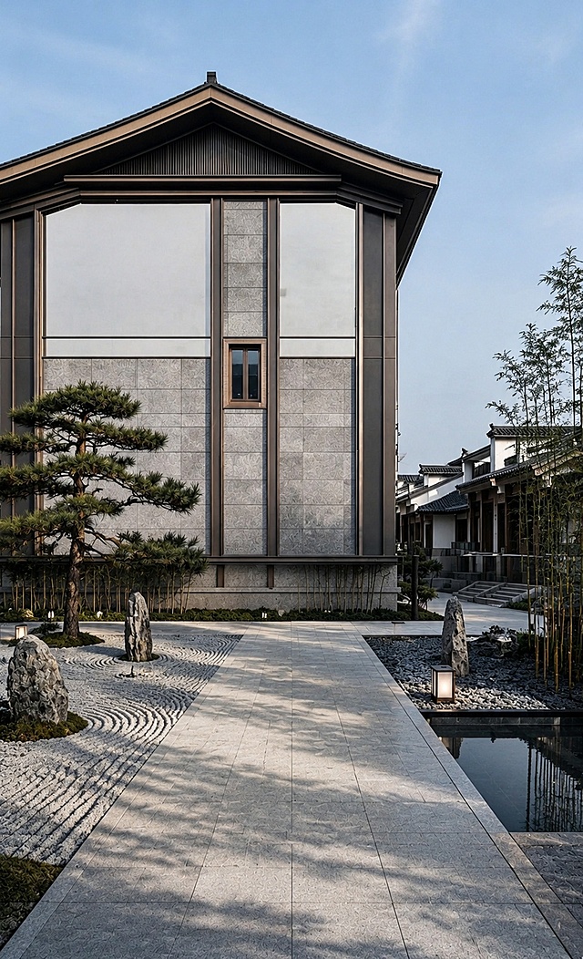 细化建筑细节，确保石材、金属、玻璃、木材等各种材质衔接准确自然，材质纹理真实细腻；将景观替换为新宋式风格，简洁大气，意境悠远，包含枯山水、置石、松竹等宋式园林元素；整体效果真实自然，日景自然光照明，光影柔和清晰，建筑质感高级