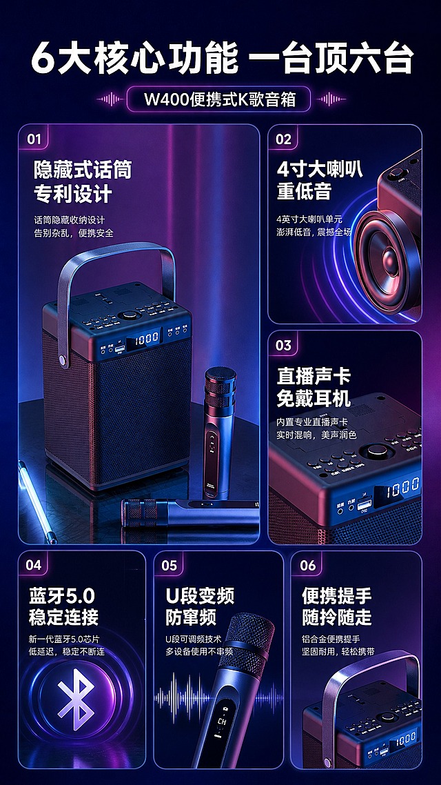 [商品] 使用【图2】W400便携式K歌音箱主机+话筒；保留产品结构、颜色、材质、按键布局，不改变产品原貌。
[画面] 目标：核心卖点总览，建立产品整体认知。瀑布流卡片版式，左1大卡+右2小卡+下方3小卡共6个卖点分区，每卡配产品局部图或图标。产品主图在左上大卡中占比50%，其余卡片展示对应功能局部。背景为深蓝紫渐变。
[视觉] 套系策略：风格=3C数码科技商业渲染风；标题字=粗黑无衬线字体；正文字=简洁无衬线体；主色=深蓝紫；背景延展=深蓝紫渐变+霓虹红蓝光效+深色反光地面；强调色=霓虹粉紫；标题色=白色；正文色=浅灰蓝；组件=圆角半透明信息卡、细线引线、发光标签；光影=侧前冷光+红蓝轮廓光。
[文字] 顶部主标题"6大核心功能 一台顶六台"，6个卖点卡片分别为："隐藏式话筒 专利设计""4寸大喇叭 重低音""直播声卡 免戴耳机""蓝牙5.0 稳定连接""U段变频 防窜频""便携提手 随拎随走"，每卡配小标题+简短说明。
[规格] 图片比例9:16竖版，4K，负向提示：避免产品变形、颜色改变、纯白底、icon宫格、文字过小。