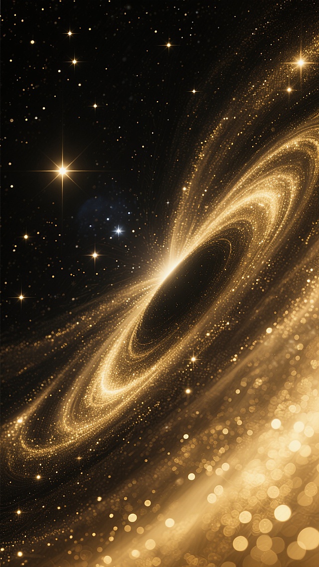 深邃的宇宙星空背景，闪烁的星辰和柔和的星云光晕，整体氛围为黑金，高贵，静谧而富有未来感，金色星空背景细腻质感