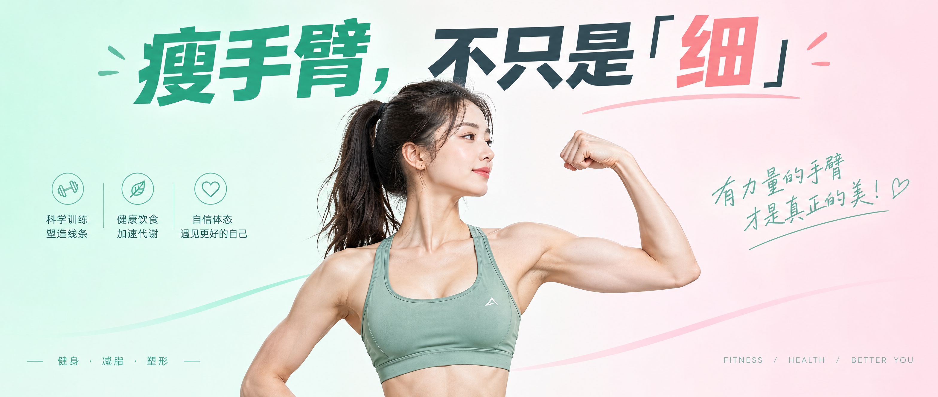 公众号封面图，主题是瘦手臂健身。画面中央展示一位女性健美的手臂… - 图片创意预览