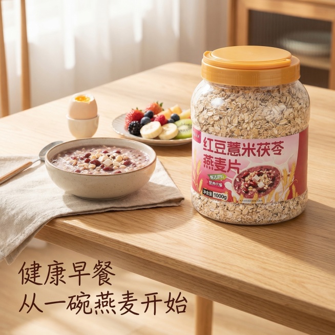 [主图 7] 早餐场景展示，代入生活方式
[氛围/风格] 温馨治愈早餐氛围感，自然光漫射，慵懒晨间感
[画面元素] 桶装产品放在餐桌一侧，搭配一碗冲泡好的燕麦粥、一个鸡蛋和一小碟水果，整体呈现完整健康预览效果