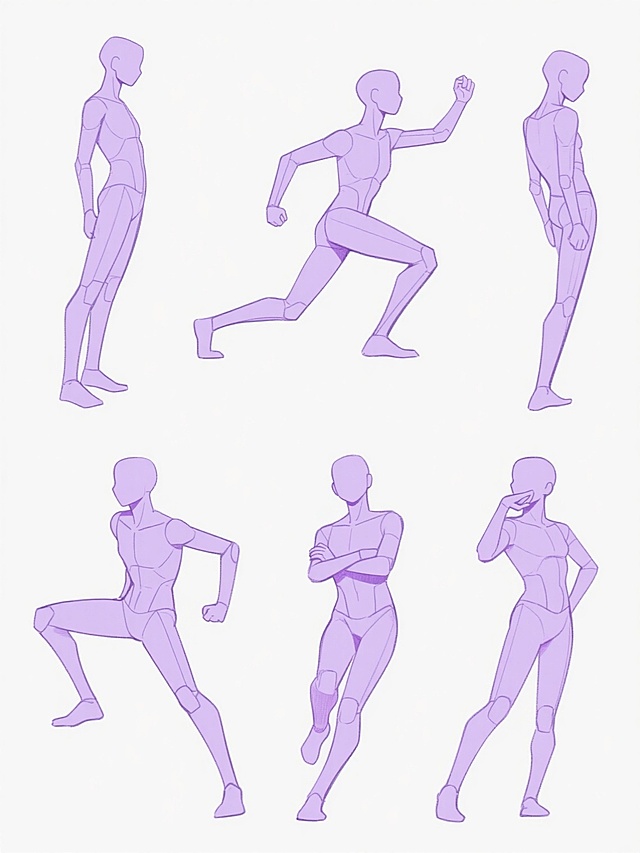 纯紫色线条绘制的六个完全不同动作的人体动态速写，动漫风格，简约线条勾勒，几何化头部与关节处理，每个角色姿态各异且富有动感，包括站立、半蹲、抬腿、侧身、双臂交叉、单手托腮等具体运动状态，规整地排布在纯白色背景上，清晰展现人体结构，整体呈现动态练习素材集合感，线条流畅连贯，无多余细节干扰。