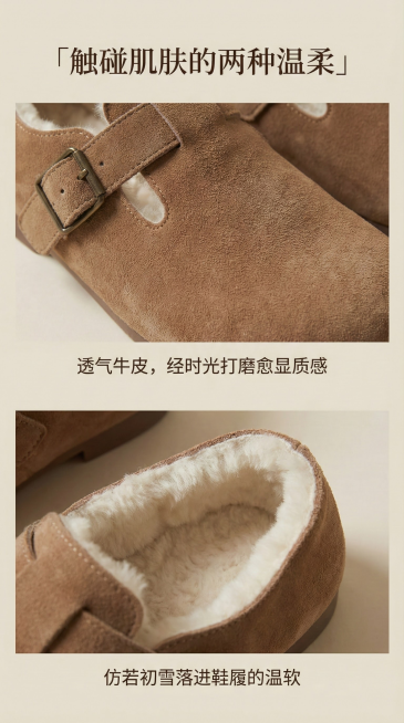 标题：「触碰肌肤的两种温柔」

左图：牛反绒特写 + 文案「透气牛皮，经时光打磨愈显质感」

右图：雪花绒内里特写 + 文案「仿若初雪落进鞋履的温软」预览效果