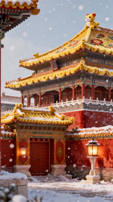 故宫整体宫殿群全包裹毛绒质感，朱红宫墙是蓬松长绒，绒面泛暖调光泽，明黄琉璃瓦替换为明黄立体绒绣，绒毛层次分明，飞檐斗拱是软绒纹理，边缘绒絮自然卷曲，屋脊瑞兽是毛绒玩偶质感，细节蓬松，整个场景是冬日飘雪预览效果