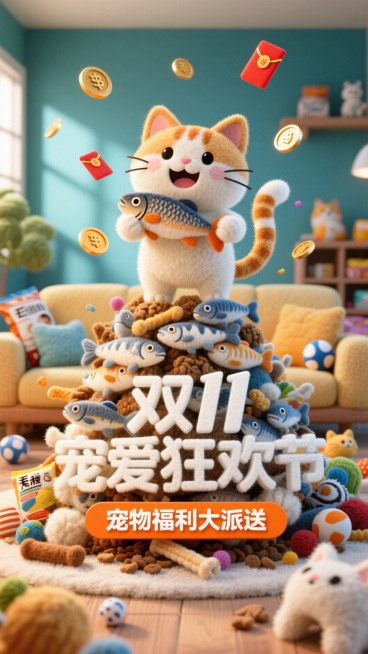 一只卡通小猫开心表情，拿着一条三文鱼，下方堆了好多鱼，空中有金币和红包元素，画面下方白色立体“双11宠爱狂欢节”，下面的3D立体橙色副标题框内写着“宠物福利大派送”。背景是客厅，客厅地上有杂乱放置的猫预览效果