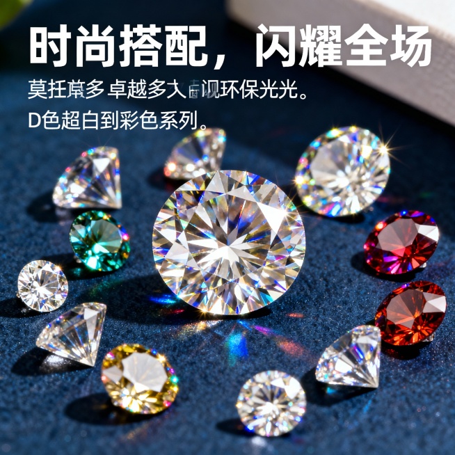 图片这款产品是莫桑石裸钻，我在拼多多卖这款产品，请以我提供的产品图片为主图主体设计20张相关的电商主图。
1.主图卖点： 火彩璀璨，闪耀夺目，在阳光下绽放七彩光芒，每一个角度都闪耀着迷人的光彩，让你成预览效果