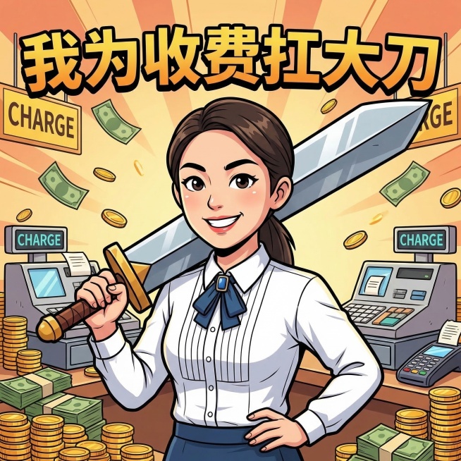 参考这张照片人物原型，转换为漫画版正方形头像，添加文字“我为收费扛大刀”，背景营造收钱收费的氛围，卡通漫画风格预览效果