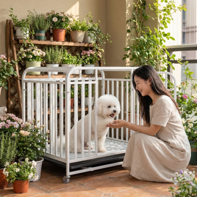类似参考图片，一位女士在阳台花架旁和白色狗笼里的比熊互动，清新温馨风格，保留白色狗笼产品主体，更换不同场景、不同女士人物、不同狗狗，图片比例1:1预览效果
