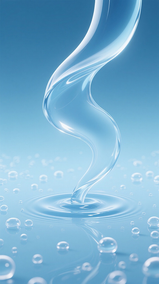 一张高清晰的水滴水波纹设计图，纯净透明的水元素以抽象流动的曲线造型呈现，浅蓝色渐变色调，柔和的自然光从上方照射，水面泛起细腻的光泽与涟漪，底部是渐变的浅蓝色背景，大量大小不一、晶莹剔透的气泡分布在水波纹周围和下方，整体构图简洁大气，充满宁静、纯净、清新的氛围，具有高度的视觉冲击力和设计感，适合作为海报背景或元素使用。
