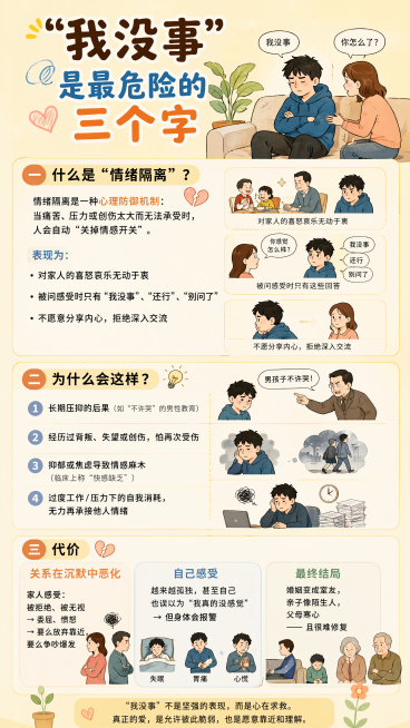 心理健康科普竖版海报，标题：“我没事”是最危险的三个字，内容分为三个部分：一、什么是“情绪隔离”？情绪隔离是一种心理防御机制：当痛苦、压力或创伤太大而无法承受时，人会自动“关掉情感开关”。表现为：对家预览效果