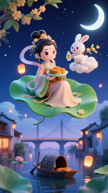 Q 版嫦娥坐在漂浮的荷叶上，手里捧着装满月饼的玉盘，Q 版玉兔踩着云朵递桂花酒，下方是江南水乡乌篷船与现代跨江大桥同框，夜空挂着月牙和小灯笼预览效果