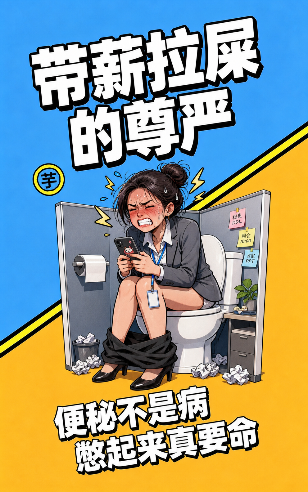 基于参考图的版式和蓝黄撞色背景风格，将顶部大标题改为"带薪拉屎… - 图片创意预览