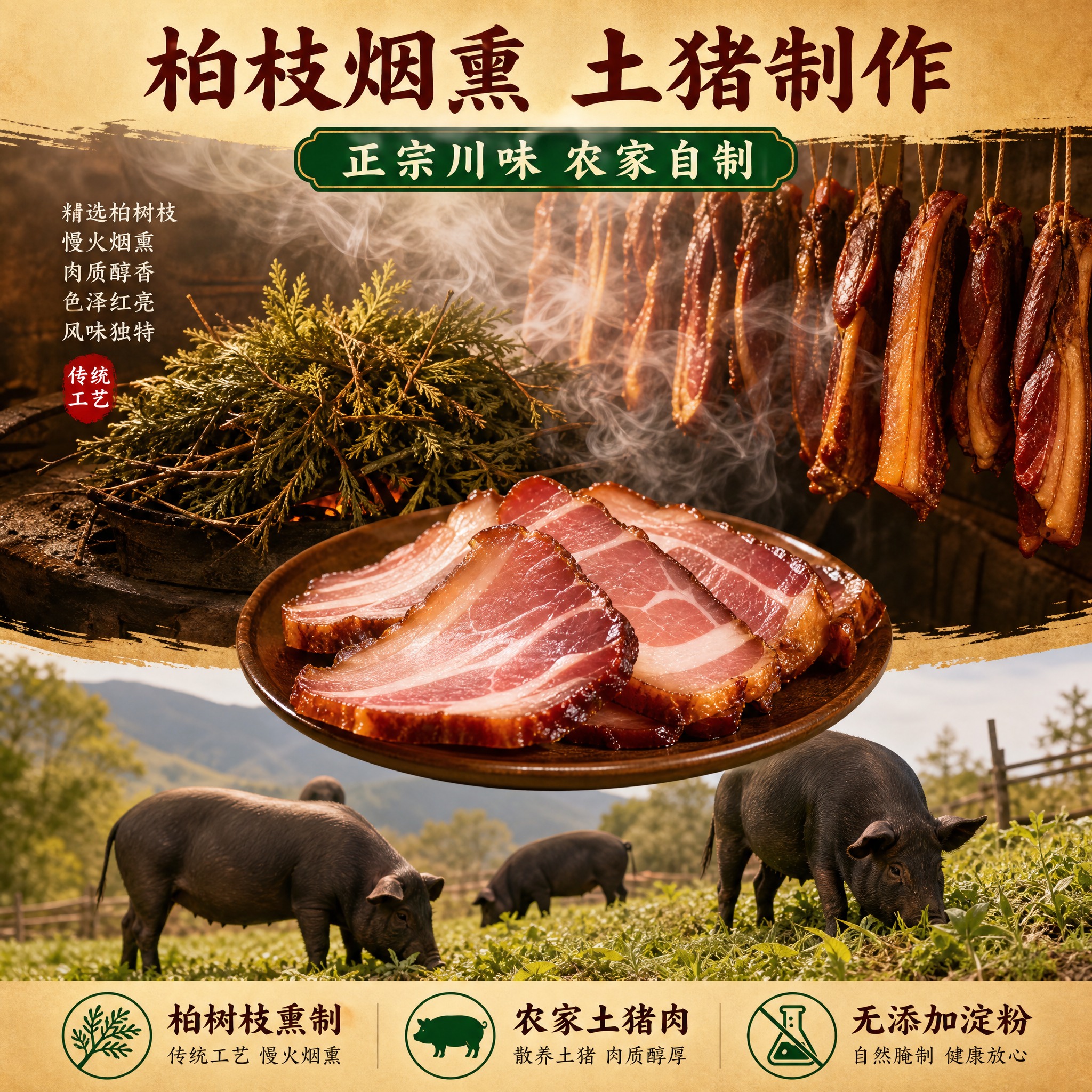 [主图-6] 腊肉品质工艺图，展示柏枝烟熏工艺细节与农家品质承… - 图片创意预览
