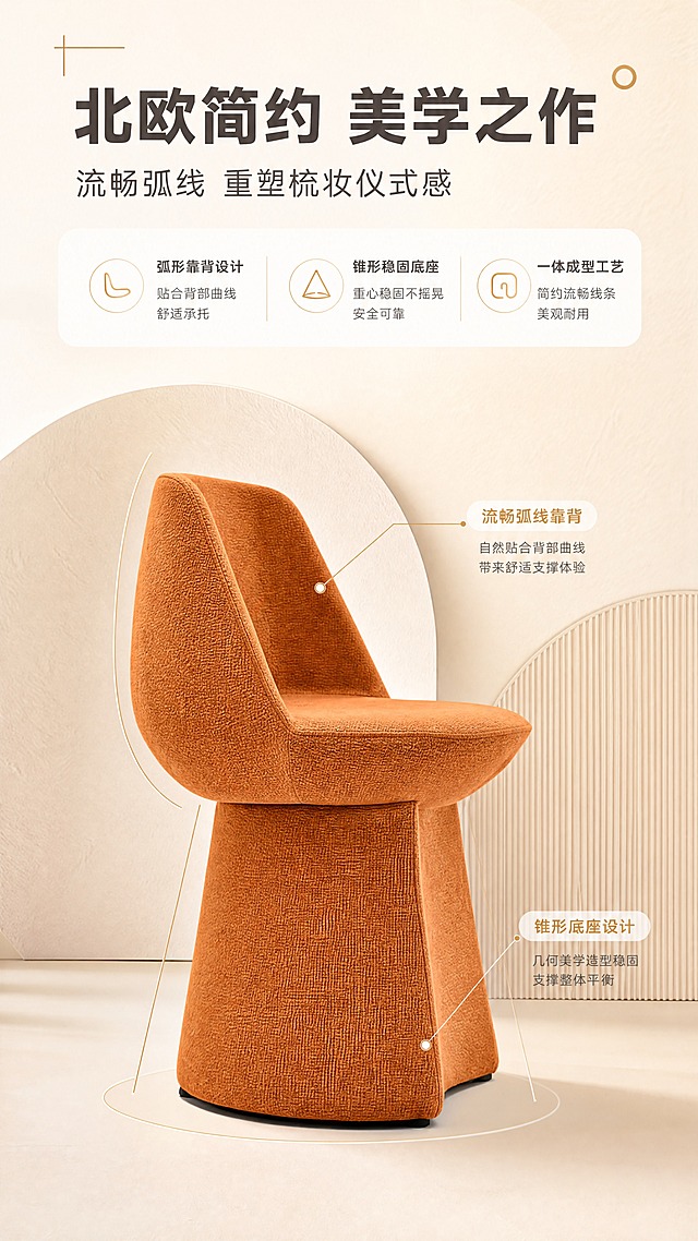 [商品] 使用【图1】橙色锥形底座妆凳；保留整体造型、高靠背、锥形底座、暖橙色棉麻材质和比例；增强面料纹理细节，不改变产品结构。
[画面] 目标：设计美学页，讲述北欧简约设计理念与造型美感。上文下景构图，上方1/3为文案+设计元素区，下方2/3为妆凳侧面特写+设计线条示意；产品侧视角度，突出靠背流畅弧线和锥形底座几何感；背景为浅奶油色艺术墙面+几何装饰，叠加简约线条手稿元素；产品占画面约50%。
[视觉] 套系策略：风格=现代轻奢奶油风商业摄影；标题字=现代无衬线粗体；正文字=简洁无衬线体；主色=暖橘橙；背景延展=基于暖橘橙做深浅层级、奶油白渐变和细腻织物/哑光墙面质感；强调色=暖金色，仅用于小面积图标、引线和标签；标题色=深棕灰；正文色=中暖灰；组件=圆角浅底信息卡、细线引线、胶囊标签；光影=左前侧暖柔光，柔和阴影。
[文字] 上方：主标题"北欧简约 美学之作"，副标题"流畅弧线 重塑梳妆仪式感"，3个设计亮点"弧形靠背设计""锥形稳固底座""一体成型工艺"；下方产品旁标注设计线条说明；文字横排，不遮挡产品主体。
[规格] 图片比例9:16竖版，4K，避免变形、错字、文字过小、冷蓝背景、产品颜色改变、结构失真。