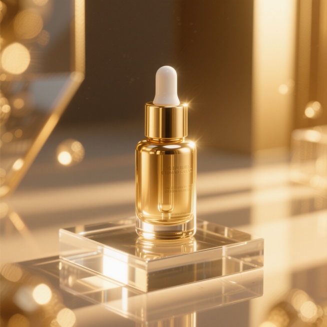 一个金色的化妆品精华液瓶子，瓶身光滑有光泽，放置在透明玻璃材质的台面上，周围环境弥漫着温暖的金色光线，光线在瓶身和玻璃上形成柔和的反光和高光，整体画面奢华、精致，充满高级感预览效果