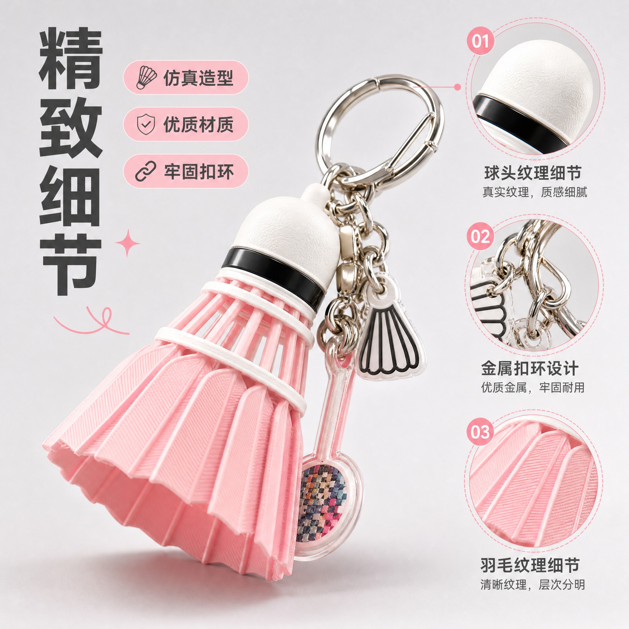 [主图-2] 粉色羽毛球造型钥匙扣挂件 核心亮点结构细节展示。… - 图片创意预览
