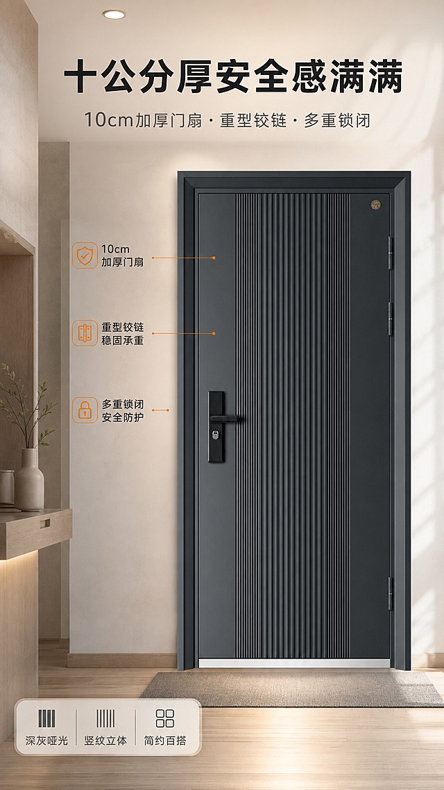 [商品] 使用【图1】深灰哑光现代简约防盗门正面图；商品处理：保留竖条纹浮雕门面、黑色长条执手锁、右上角圆形猫眼、门框黑色密封胶条、右侧窄幅装饰条的分体结构；保留颜色与材质，清晰化表面质感与边缘，不改变结构比例。
[画面] 目标建立“十公分厚、坚固耐用”的第一印象；门体位于画面偏右、占画面约65%，呈关闭状态正面展示，左前暖白墙面、浅木地板玄关场景，顶部射灯与右前侧自然光形成柔和光影，门底接触地面带自然阴影，背景墙面微虚化。
[视觉] 套系策略：风格=现代高端家居商业摄影；标题字=现代无衬线粗体；正文字=简洁现代无衬线体；主色=深炭灰；背景延展=暖白至浅暖灰细腻渐变、哑光墙面与微水泥质感；强调色=暖橙色，仅用于小面积图标、引线、标签和局部光效；标题色=深炭黑；正文色=中暖灰；组件=圆角浅色信息卡、细线引线、圆角小图标；光影=右前侧暖柔光、室内自然光。门体为视觉主体，背景与卡片按暖白/浅暖灰做明暗延展。
[文字] 右上留白区放主标题“十公分厚安全感满满”，其下副标题“10cm加厚门扇·重型铰链·多重锁闭”，底部左侧圆角信息卡放“深灰哑光|竖纹立体|简约百搭”，全部横向排版，不遮挡门体、把手和猫眼。
[规格] 9:16竖版，4K画质，避免门体变形、颜色改变、错字、竖排文字、冷蓝背景、电商平台Logo/水印、绝对化用语。