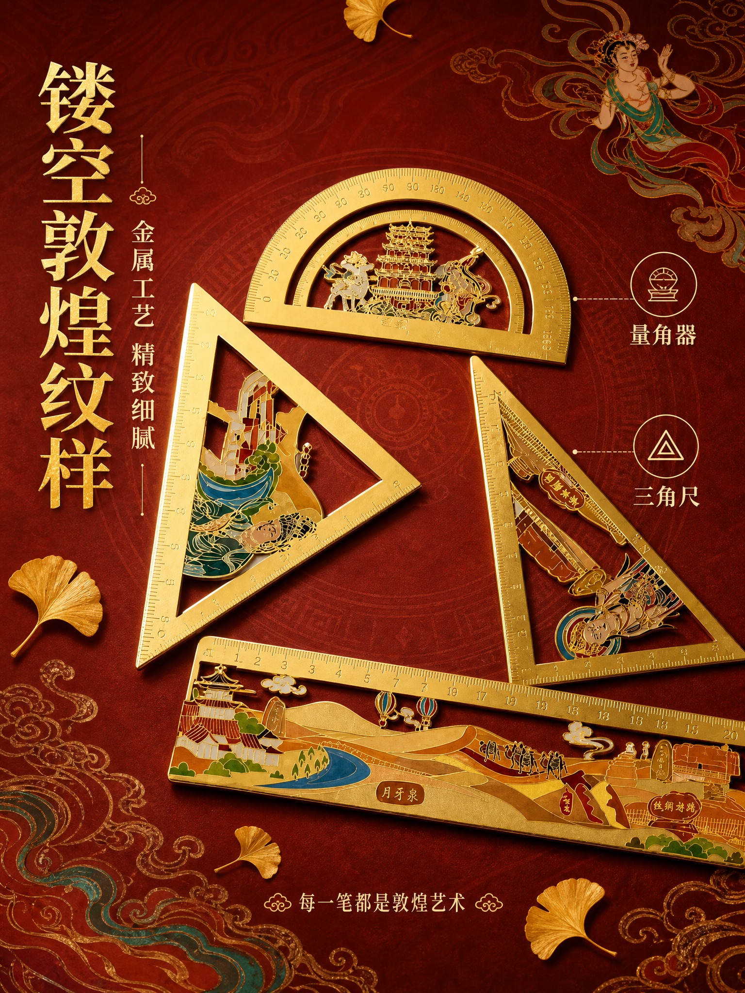 [主图-2] 敦煌金属套尺核心卖点证明，展示黄铜金属材质与镂空… - 图片创意预览