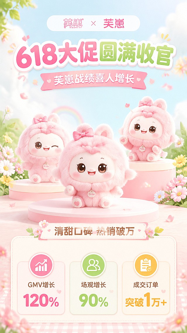 保持参考海报的版式排版结构，替换风格为可爱清新，整体浅色系清爽背景，主标题 "618大促圆满收官"，副标题 "芙崽战绩喜人增长"，装饰文案 "清甜口碑 热销破万"，卖点文案 "GMV增长 120%" "场观增长 90%" "成交订单 突破1万+"，图中替换产品为芙崽的图片，保持上下分区结构，清新浅色系，柔和光影，版式分区清晰，层次分明，字体圆润可爱清晰可读，整体可爱清新甜美的风格，画面版式精美