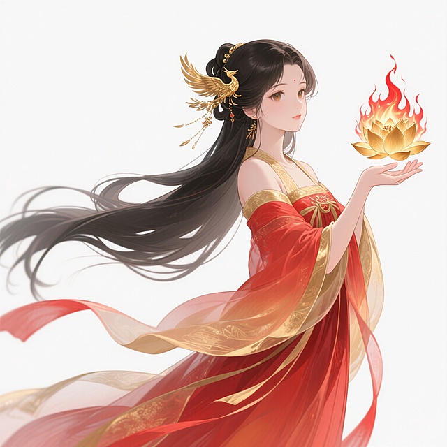 中国风二次元动漫风格，一位身着红色与金色渐变飘逸古风长裙的少女，长发如墨色瀑布般垂落，发间点缀着金色凤凰发饰，右手掌心托着一朵燃烧的金色莲花，莲花周围环绕着红色火焰光晕，左手自然舒展，裙摆与长发随风飘动，姿态轻盈灵动，面部表情温柔恬静，眼神清澈，整体线条流畅细腻，色彩鲜明且具有层次感，光影柔和，背景为纯白色，无其他元素干扰。