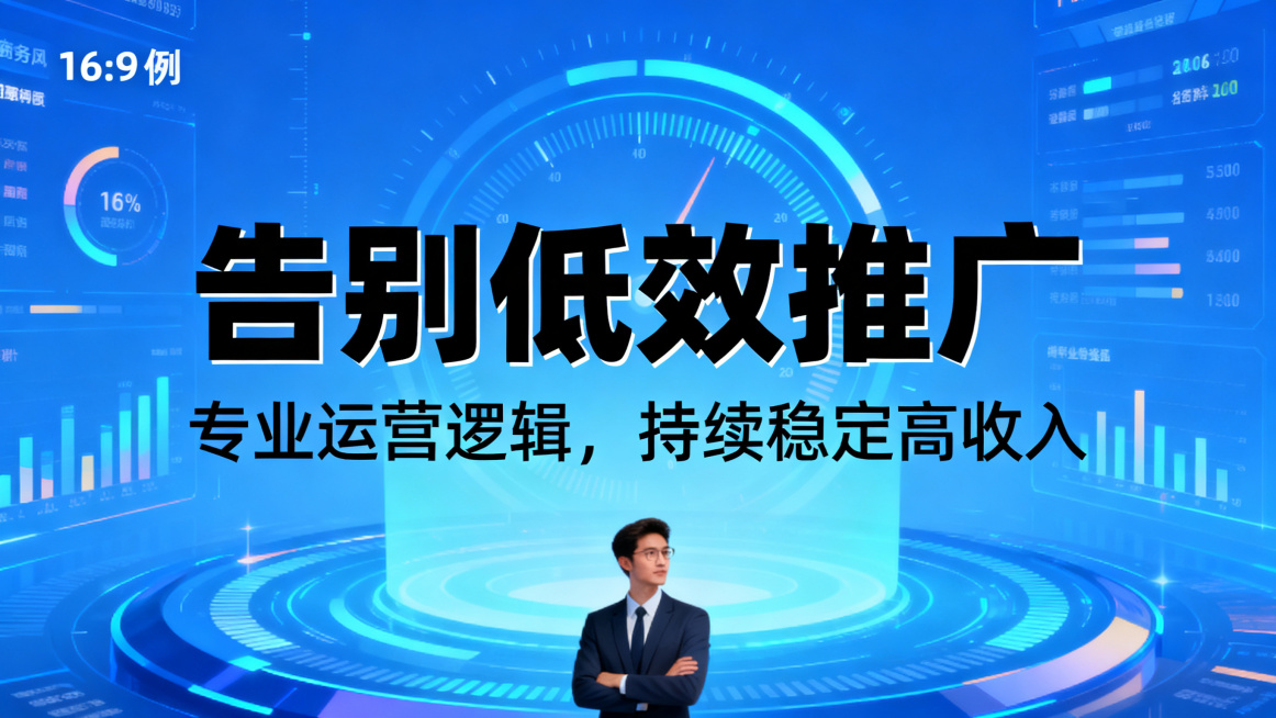 16:9海报，科技商务风，主标题"告别低效推广"加粗黑体，副标题"专业运营逻辑，持续稳定高收入"宋体，背景是数据仪表盘科技界面，搭配分析师人物形象，主副标题分明，不要纯白背景，蓝色科技渐变背景预览效果