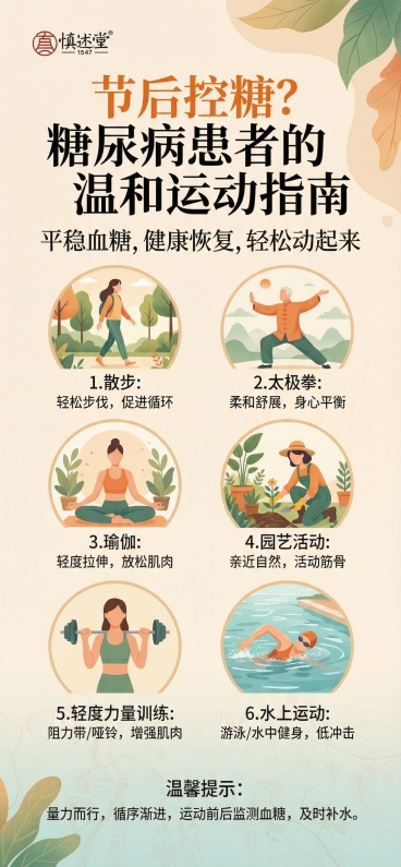 将海报内容替换为适合糖尿病患者的节后运动推荐，包含适合的温和运动项目展示，搭配温馨健康风格，保留顶部品牌标识预览效果