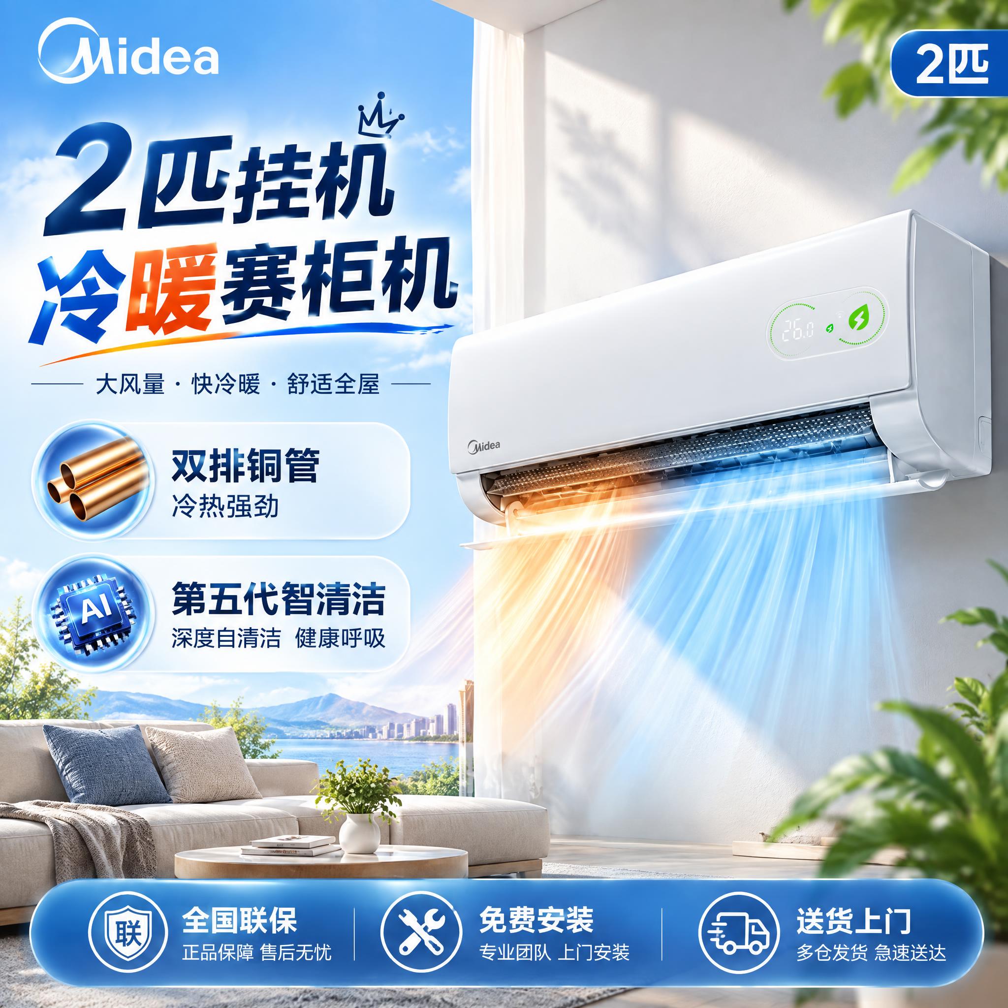 拼多多平台美的空调商品主图，1:1正方形构图，参考图2的版式风… - 图片创意预览
