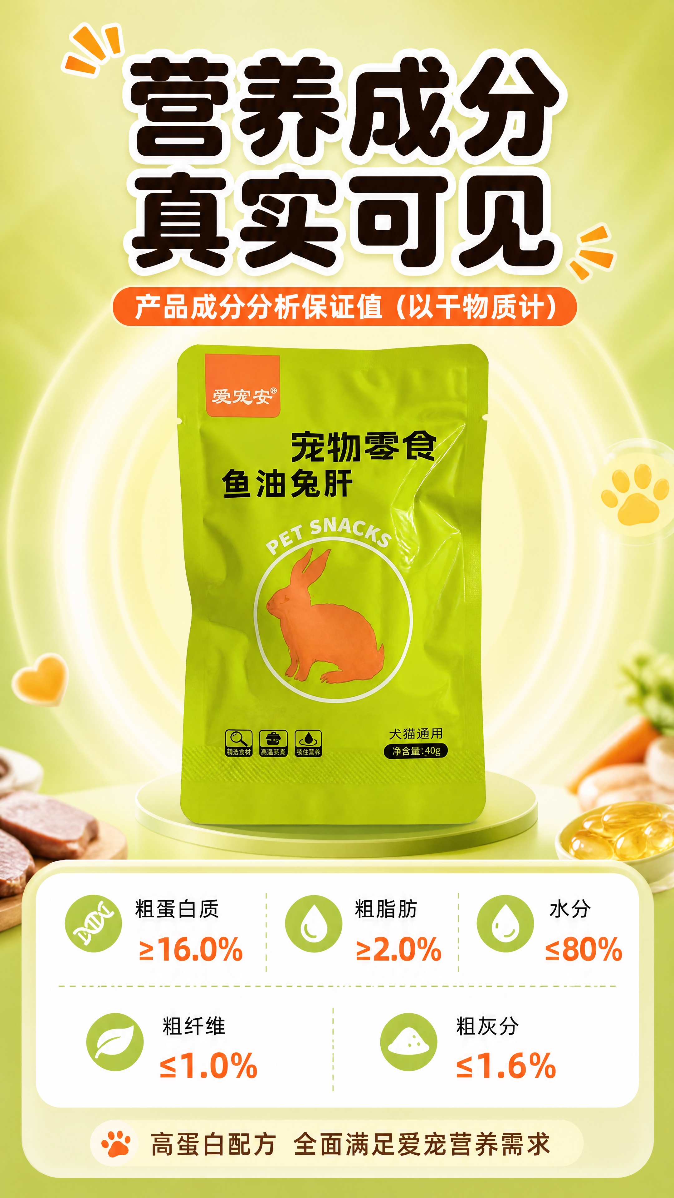 [商品] 使用【图1】爱宠安鱼油兔肝宠物零食绿色包装袋正面；保… - 图片创意预览
