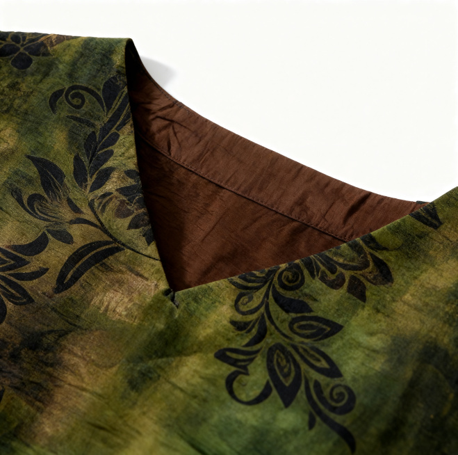 生成这件衣服领子的局部特写图片，重点突出领子的细节，保留原衣服的绿色底黑色花卉纹样图案和棕色内衬，高清展示服装领口的工艺和材质细节预览效果
