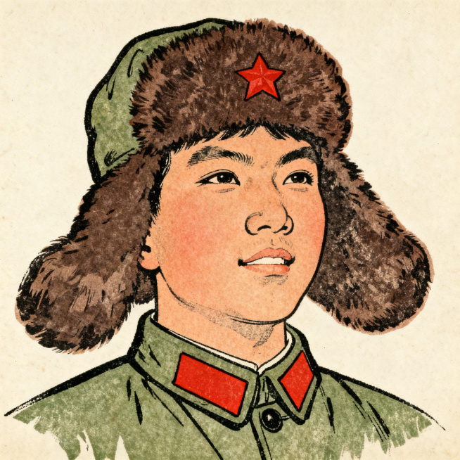 精美插画，工笔画老课本风格雷锋头像，传统工笔线条勾勒，色彩朴素还原五六十年代老课本印刷质感，画面细腻有年代感，风格庄重朴实预览效果