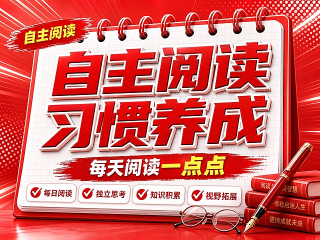 红色商务立体字风格开学季横版海报，红色线圈笔记本构图布局。画面比例4:3横版。画面主体是白色线圈笔记本背景，带网格纹理，顶部红色线圈环。左上角红色笔刷标签写着"自主阅读"，黄色文字。中央超大号红色立体字主标题分两行横向排列：第一行"自主阅读"，第二行"习惯养成"，带白色描边，视觉冲击力强。下方红色笔刷底纹配白色文字副标题"每天阅读一点点"，"一点点"三个字用金黄色突出。底部四个白色圆角对勾框横向排列，红色对勾图标："每日阅读""独立思考""知识积累""视野拓展"。右下角装饰：堆叠的红色书本、红色钢笔、阅读眼镜。整体红色渐变背景带白色波点和速度线装饰，商务大气，文案超大醒目，适合手机端阅读。画面中所有信息区域必须填充完整合理的内容，不得出现空白框。