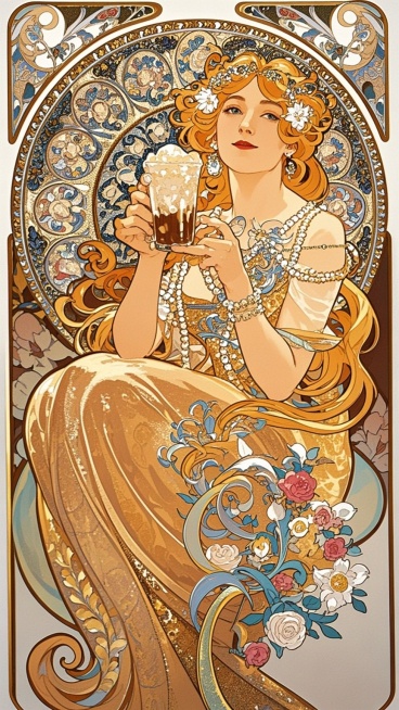 女神手里拿着奶茶坐在画面中间，极繁主义，穆夏插画风格，不要出现醒目的文字预览效果