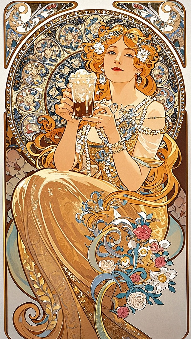 女神手里拿着奶茶坐在画面中间，极繁主义，穆夏插画风格，不要出现醒目的文字