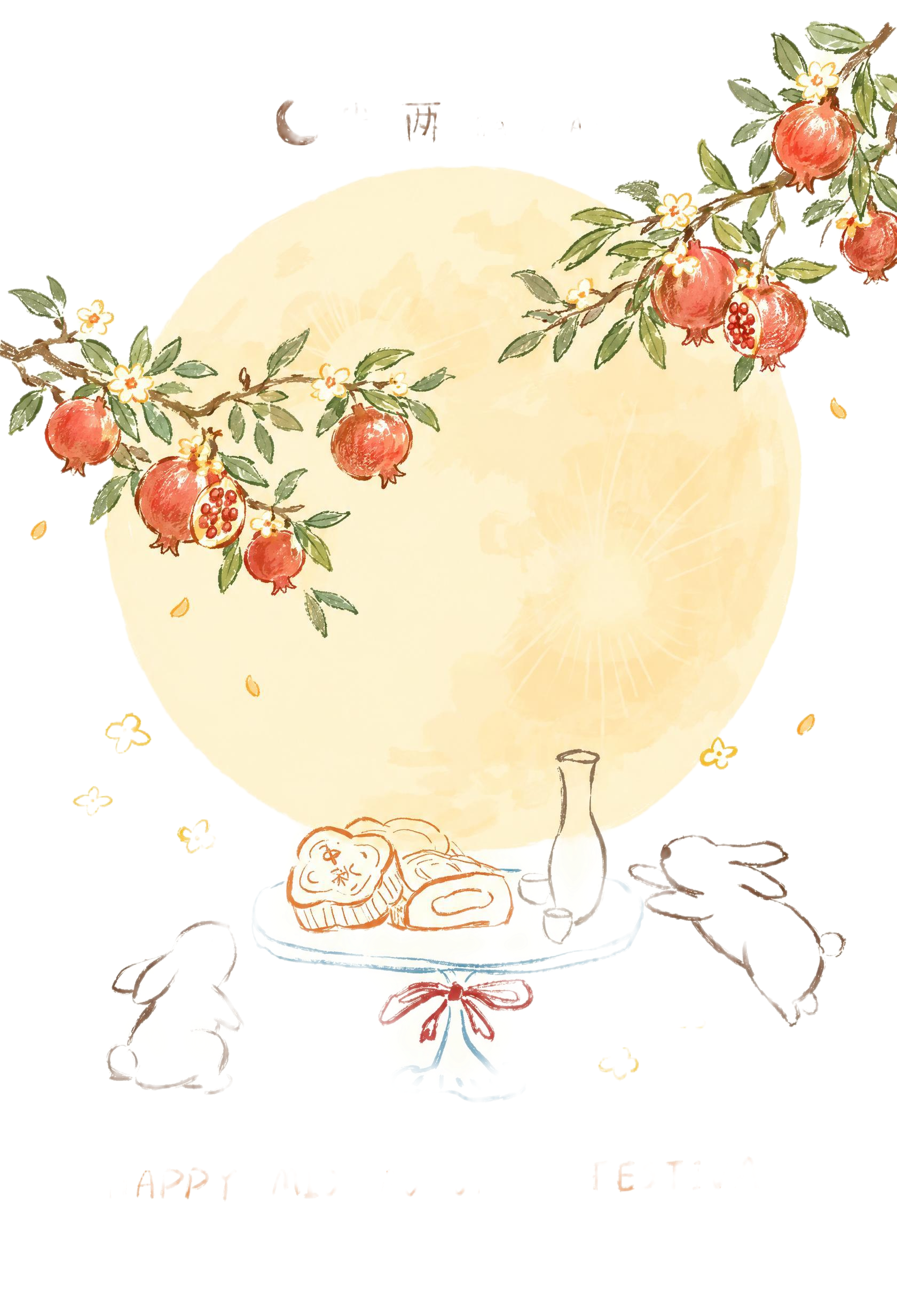 参考图的手绘线条插画风格，米黄色背景，将画面中的桂花树枝替换为… - 图片创意预览