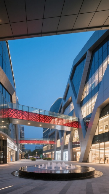现代风格商业综合体建筑外观，傍晚蓝调时刻，建筑外立面以玻璃幕墙和金属框架为主，搭配不规则几何切割设计，地面广场设有圆形喷泉装置，建筑间以装饰有红色图案的玻璃连廊连接，灯光从建筑内部透出，整体呈现出现代、高端、时尚的商业氛围，空间布局开阔，具有强烈的设计感和视觉冲击力，适合商业宣传展示。预览效果