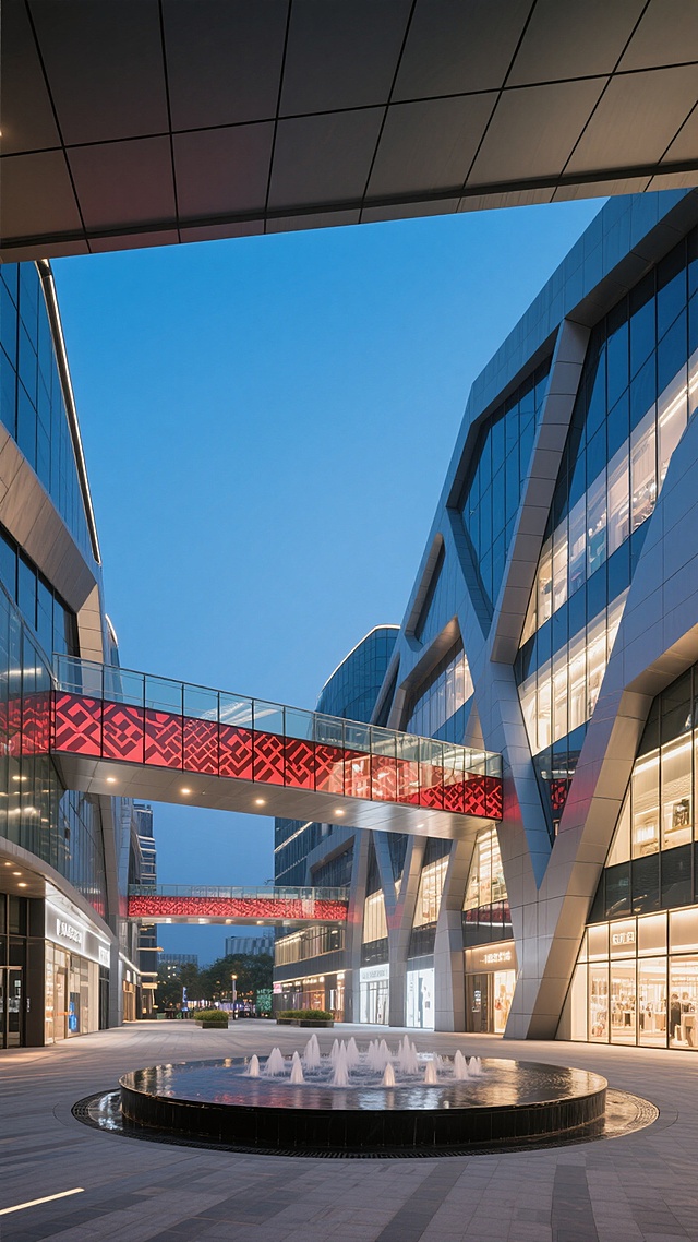 现代风格商业综合体建筑外观，傍晚蓝调时刻，建筑外立面以玻璃幕墙和金属框架为主，搭配不规则几何切割设计，地面广场设有圆形喷泉装置，建筑间以装饰有红色图案的玻璃连廊连接，灯光从建筑内部透出，整体呈现出现代、高端、时尚的商业氛围，空间布局开阔，具有强烈的设计感和视觉冲击力，适合商业宣传展示。