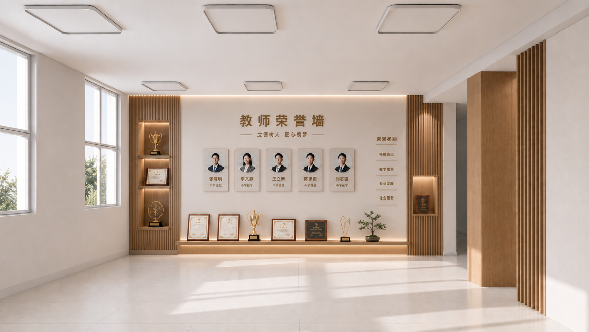 移除底部突兀的山形和多余圆形元素，精简设计，保留原木格栅、暖调暗藏灯和原有证书奖杯展示区，做更大块的留白，简化层次让整体更简约大气直观耐看，保持新中式风格和沉稳高级的色调预览效果