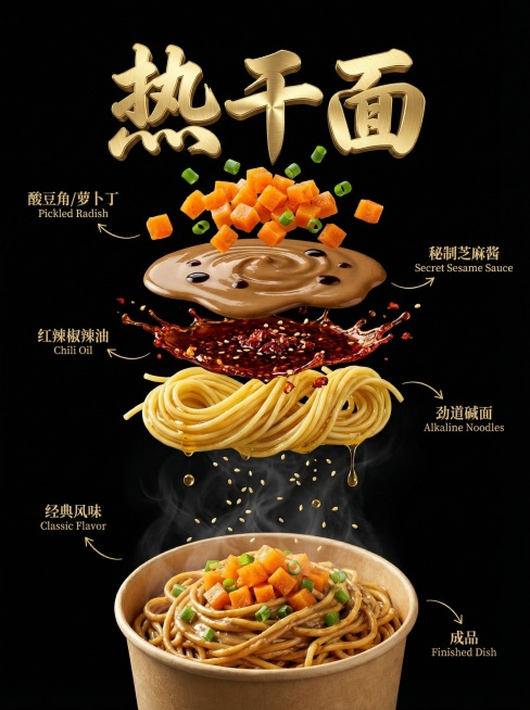 武汉街头美食高级海报，9:16竖幅，纯黑色背景。画面最上方正中央悬浮奢华标题标签，“热干面”为厚重立体金色金属拉丝质感毛笔字，在影棚灯光下熠熠生辉。下方食材层层悬浮：1.顶层：鲜艳橙色爽脆腌萝卜丁、翠预览效果