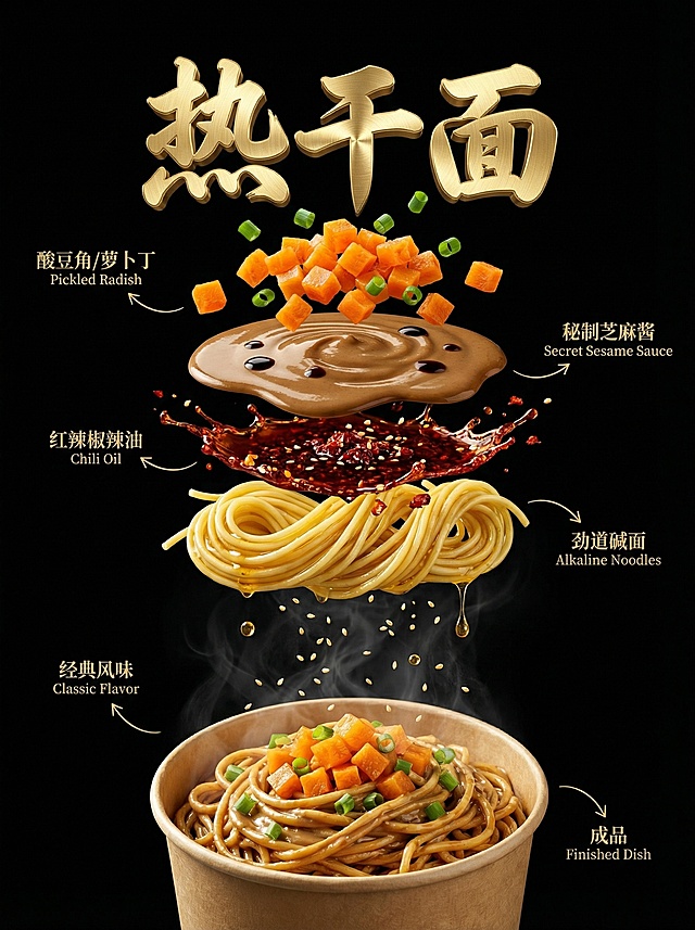 武汉街头美食高级海报，9:16竖幅，纯黑色背景。画面最上方正中央悬浮奢华标题标签，“热干面”为厚重立体金色金属拉丝质感毛笔字，在影棚灯光下熠熠生辉。下方食材层层悬浮：1.顶层：鲜艳橙色爽脆腌萝卜丁、翠绿葱花随意散落；2.第二层：浓郁棕色浓稠顺滑油光锃亮的芝麻酱，点缀几滴老抽；3.第三层：深红色辣油飞溅，可见辣椒碎和漂浮芝麻；4.第四层：粗黄盘绕的劲道碱面，油光闪闪；5.过渡层：留白，有淡淡蒸汽、漂浮芝麻和细小油滴；6.底层：45度角的经典纸碗装热干面，面条裹满芝麻酱，铺着腌萝卜和葱花，热气腾腾。每层间有间隙显纹理。优雅箭头指向各成分，配中英文双语标签：“酸豆角/萝卜丁 Pickled Radish”、“秘制芝麻酱 Secret Sesame Sauce”、“红辣椒辣油 Chili Oil”、“劲道碱面 Alkaline Noodles”、“经典风味 Classic Flavor”、“成品 Finished Dish”。45度角戏剧性影棚灯光，轮廓光突显质感，超逼真，商业食品摄影风格