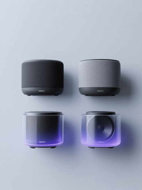 4个不同款式的现代简约风格音响，呈规整排布，延续原图的3D渲染质感与平滑过渡光影，主体采用黑、灰等中性色调，部分音响底部或侧面带有蓝紫色渐变光效，透明材质与磨砂网面细节清晰，统一置于纯色背景上，整体构图平衡对称，无任何文字、logo及水印元素，保持科技感与极简美学的视觉统一。预览效果