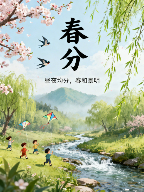 春分节气海报，内容丰富的春日场景，包含盛开的桃花、樱花、抽芽的柳树、飞翔的春燕、流淌的小溪，远处是朦胧的青山，前景点缀放风筝的孩童，添加醒目的艺术字“春分”和小字“昼夜均分，春和景明”，整体清新自然，预览效果