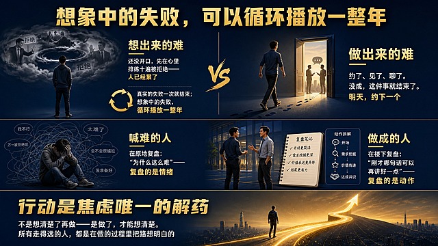 PPT横版商务励志风格图片，主题为"想象中的失败，可以循环播放一整年"。画面顶部居中是大标题"想象中的失败，可以循环播放一整年"。画面分为上下两大板块：上半部分左右对比——左侧"想出来的难"：一个人静止站立，头部周围有循环旋转的乌云和拒绝场景的幻影，配文字"还没开口，先在心里排练十遍被拒绝——人已经累了"和"真实的失败一次就结束；想象中的失败，循环播放一整年"，有循环箭头符号；右侧"做出来的难"：一个人在行走中，身后留下一串脚印，前方有门和对话的意象，配文字"约了、见了、聊了。没成，这件事就结束了。明天，约下一个"。中间有一条分割线，下方继续左右对比——左下"喊难的人"：一个人坐在原地抱头沉思，周围是混乱的情绪线条，配文字"在原地复盘：'为什么这么难'——复盘的是情绪"；右下"做成的人"：两个人站在楼下交流讨论，旁边有笔记和动作拆解的图示，配文字"在楼下复盘：'刚才哪句话可以再讲好一点'——复盘的是动作"。画面最底部是金色总结条，大字"行动是焦虑唯一的解药"，下方小字"不是想清楚了再做——是做了，才能想清楚。所有走得远的人，都是在做的过程里把路想明白的"，配一条从左到右向上延伸的道路和行走的人影。整体色调深蓝底色配金色与白色文字，商务大气有深度，适合PPT演示使用，无二维码占位。